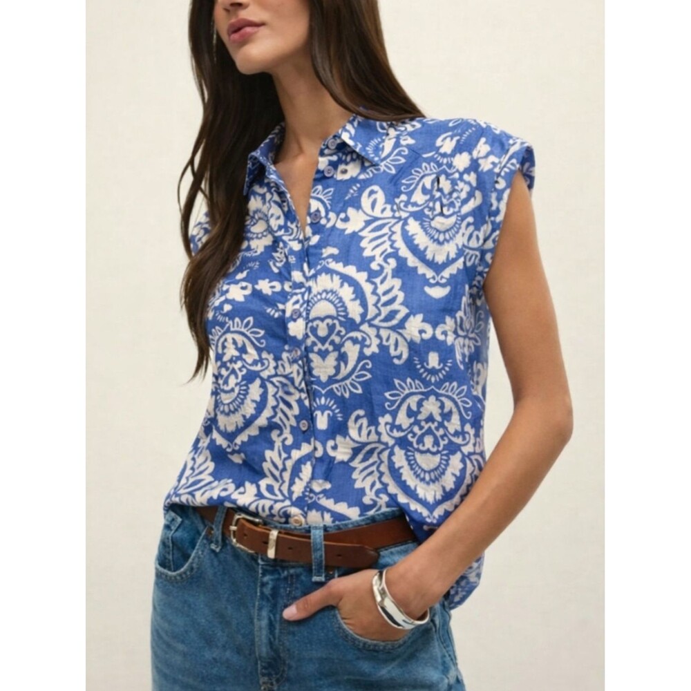 Staccato Blue and White Floral Print Button Front Blouse Size M